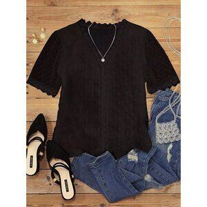 🍒 2/$20 🍒 Black Tunic Lace Overlay Short Sleeve Blouse with V-Neck sz M